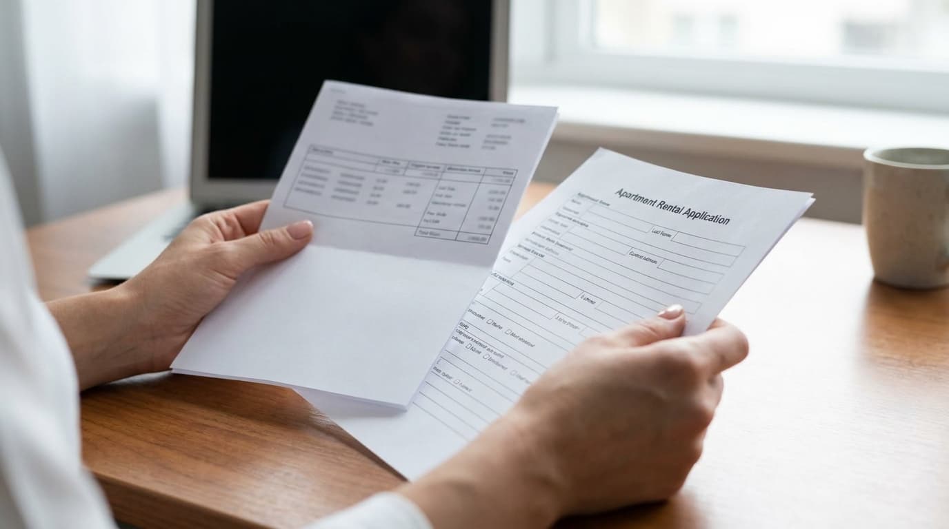Hands reviewing a rental application and pay stub on a desk